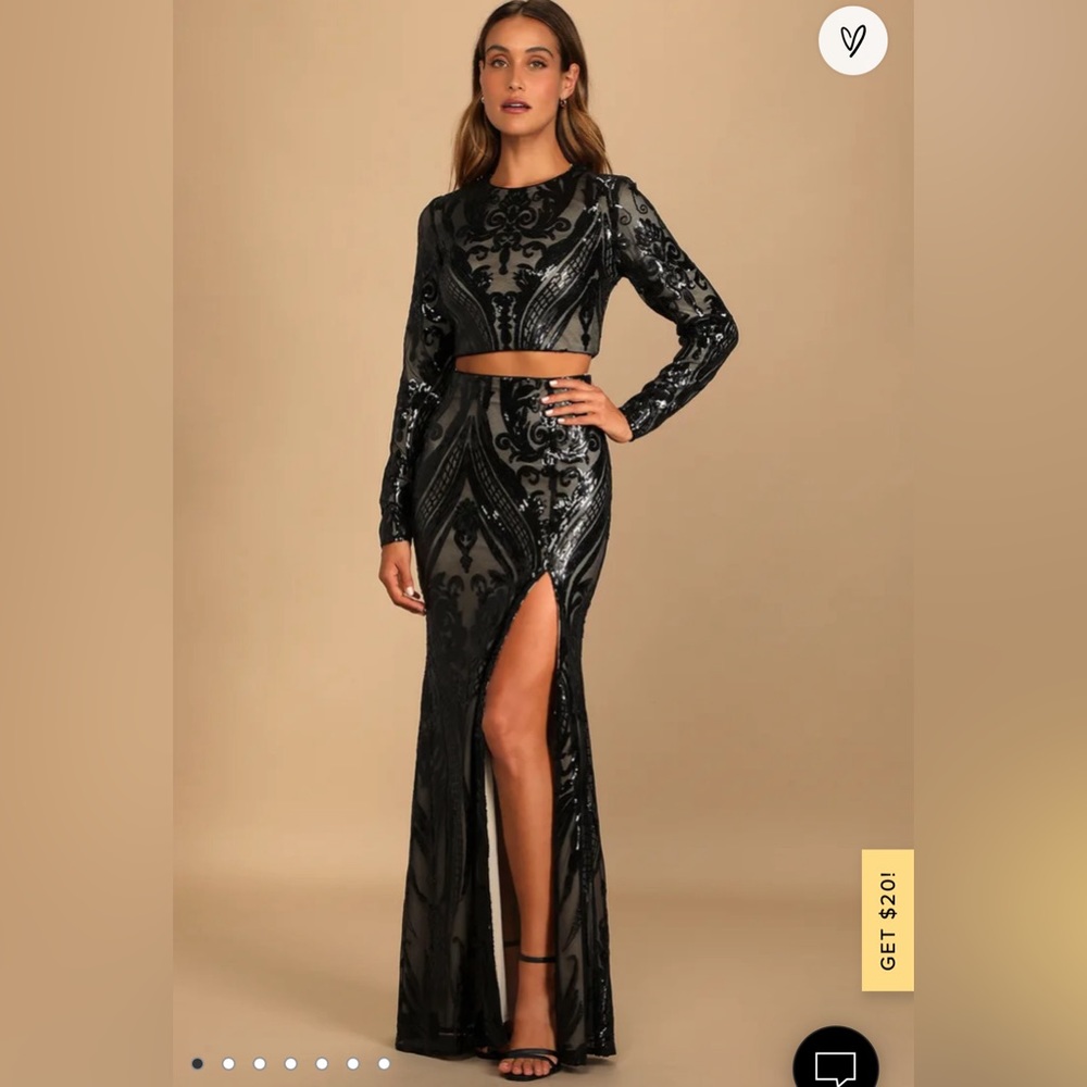 Luxe Aesthetic Black Sequin Long Sleeve Two-Piece Maxi Dress